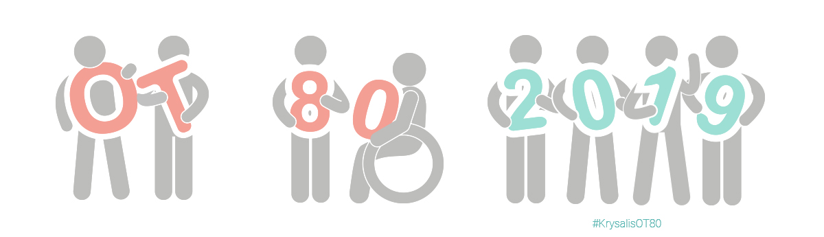 Illustration of people holding letters to spell out OT 80 2019