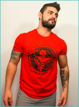 Matthew Pappadia wearing a red t shirt