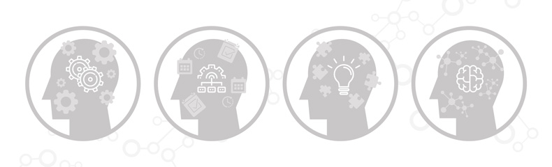 Icons of four heads with different cog and thought illustrations