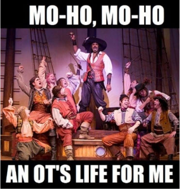 Panto performers dressed as pirates with the quote Mo-ho, Mo-ho an OT's life for me