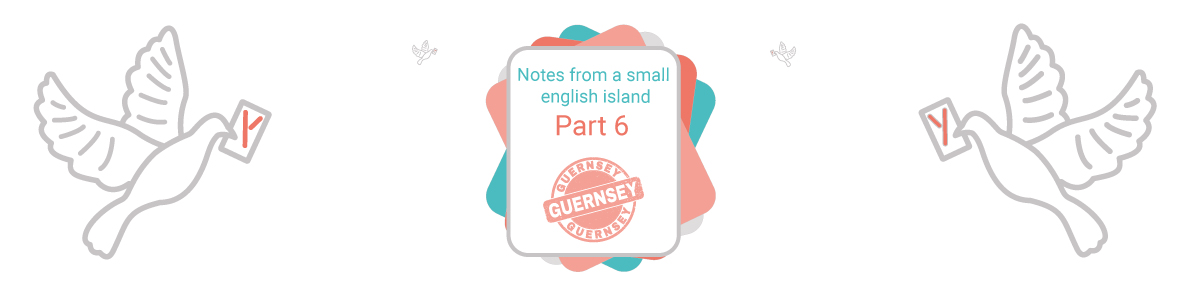 Illustration banner displaying a letter with 'notes from a small english island' and a Guernsey stamp