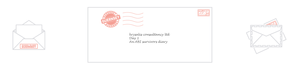 Three-image illustration of a letter titled 'Day 1 – An ABI Survivor's Diary,' addressed to Krysalis Consultancy Ltd.